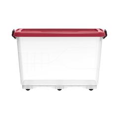 Cosmoplast Clear Plastic Stackable Storage Box W/Wheels & Lockable Lid (82 L, Dark Red)