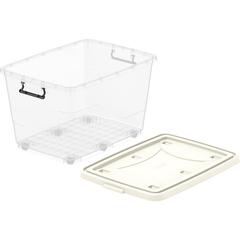 Cosmoplast Clear Plastic Stackable Storage Box W/Wheels & Lockable Lid (132 L, Off White)