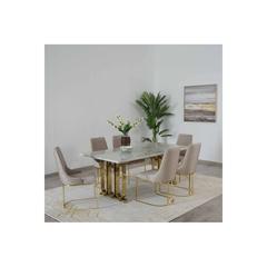 طاولة سفرة رخامية 6 مقاعد توب ويف حول الإمارات (أبيض وذهبي)