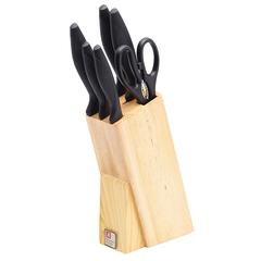 قالب خشبي بطقم سكين ومقص مطبخ ليزر(35.5×16.5سم،خشب،أسود وفضي،طقم من 7)