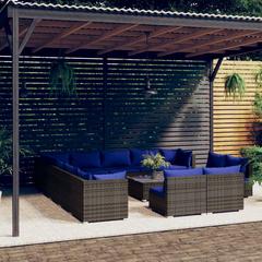 vidaXL 14 pcs Garden Lounge Set with Cushions Grey Poly Rattan (60 x 60 x 30 cm)