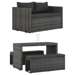 2-Seater Poly Rattan Outdoor Bench Dining Set W/Cushions vidaXL (Grey)