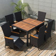 6-Seater Poly Rattan & Acacia Wood Outdoor Dining Set W/Cushions vidaXL (Black)