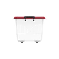 Cosmoplast Clear Plastic Stackable Storage Box W/Wheels & Lockable Lid (55 L, Dark Red)