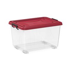 Cosmoplast Clear Plastic Stackable Storage Box W/Wheels & Lockable Lid (55 L, Dark Red)